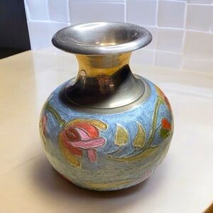 Brass Vase Vintage Enameled Hand Painted Floral India 5”T x 2.5”W x 14”D